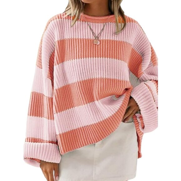 Sweaters - Women's Light Pink Pullover Drop Shoulder Long Sleeve Retro Stripe Fall Sweater